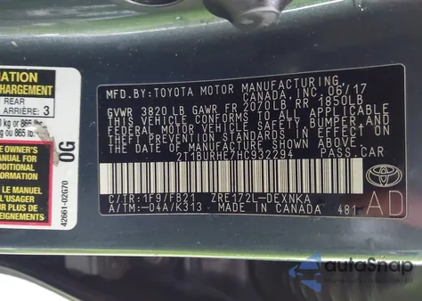 2017 Toyota Corolla Le из США, поврежденный, VIN 2T1BURHE7HC932294